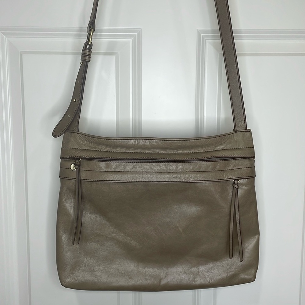 Hobo Larkin Ash Vintage Leather Shoulder Bag Crossbody Brown Gray Tan Taupe